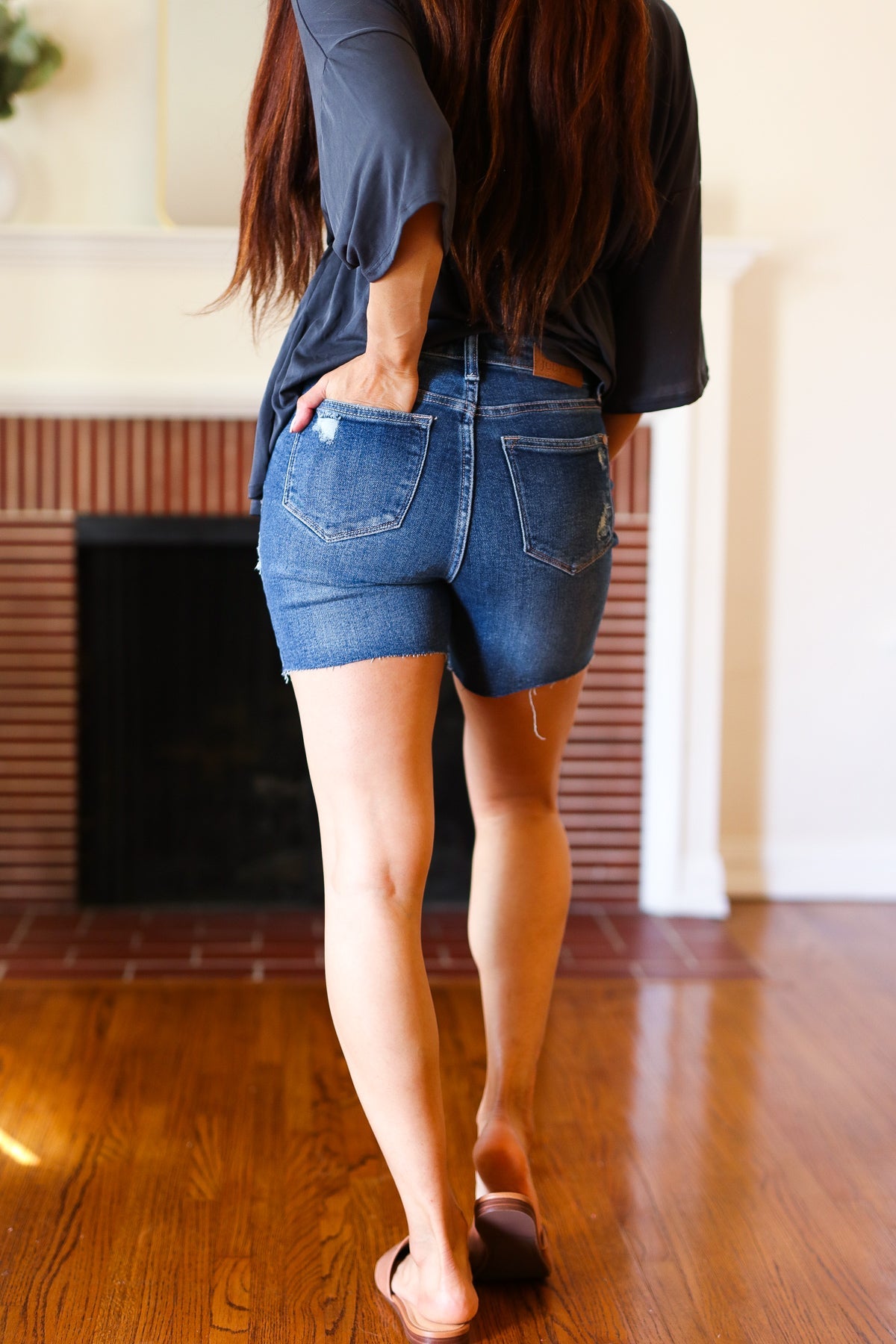 Selena Dark Denim High-Rise Cut Off Distressed Shorts | Judy Blue