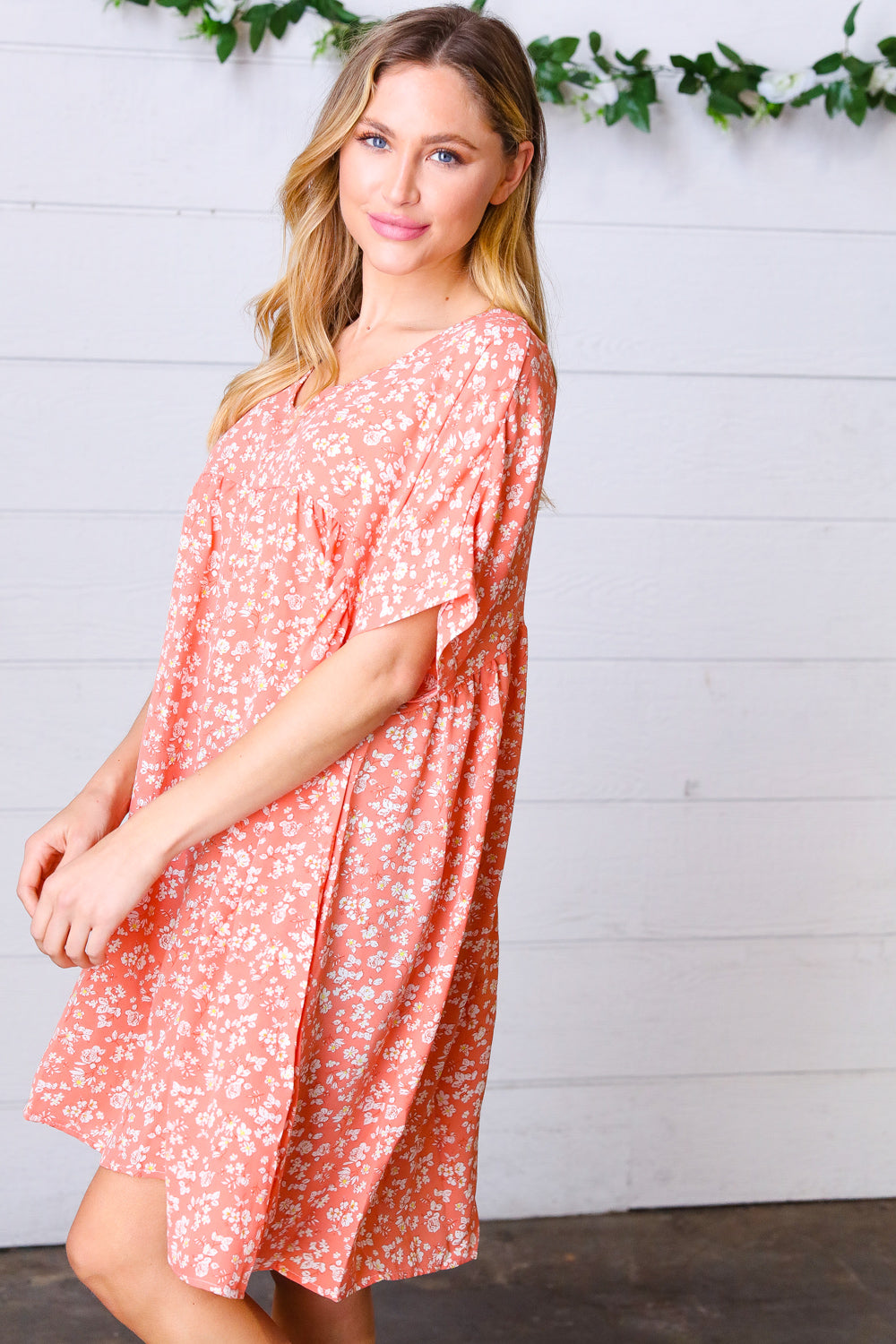 Peach Ditzy Floral Dolman Dress