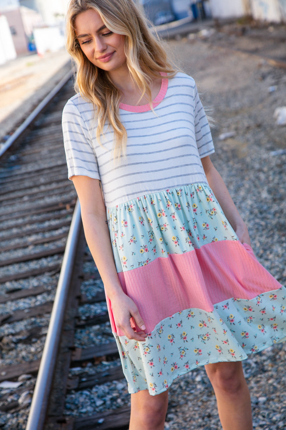 Floral & Stripes Color Block Dress