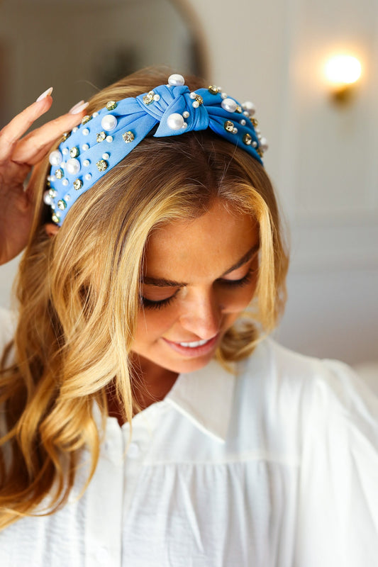Azure Pearl & Jewels Top Knot Headband