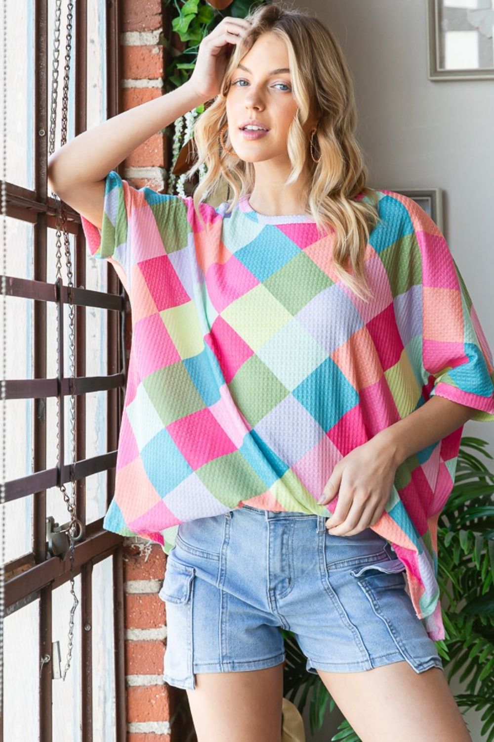 Color Block Waffle Oversized Top