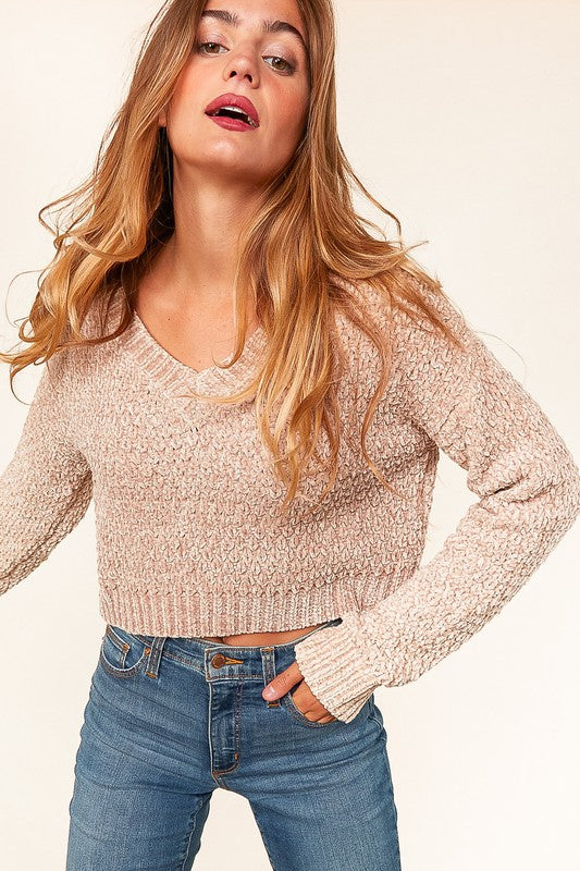 Latte Chenille Velvet Cropped Knit Top Sweater | Curvy