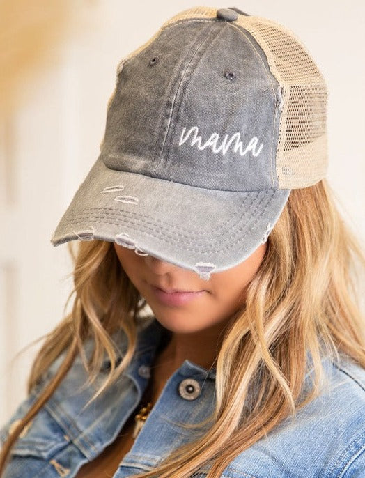 Mama Embroidered Messy Bun Hat