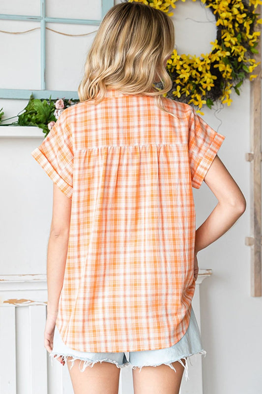 Plaid Button-Up Short Sleeve Top
