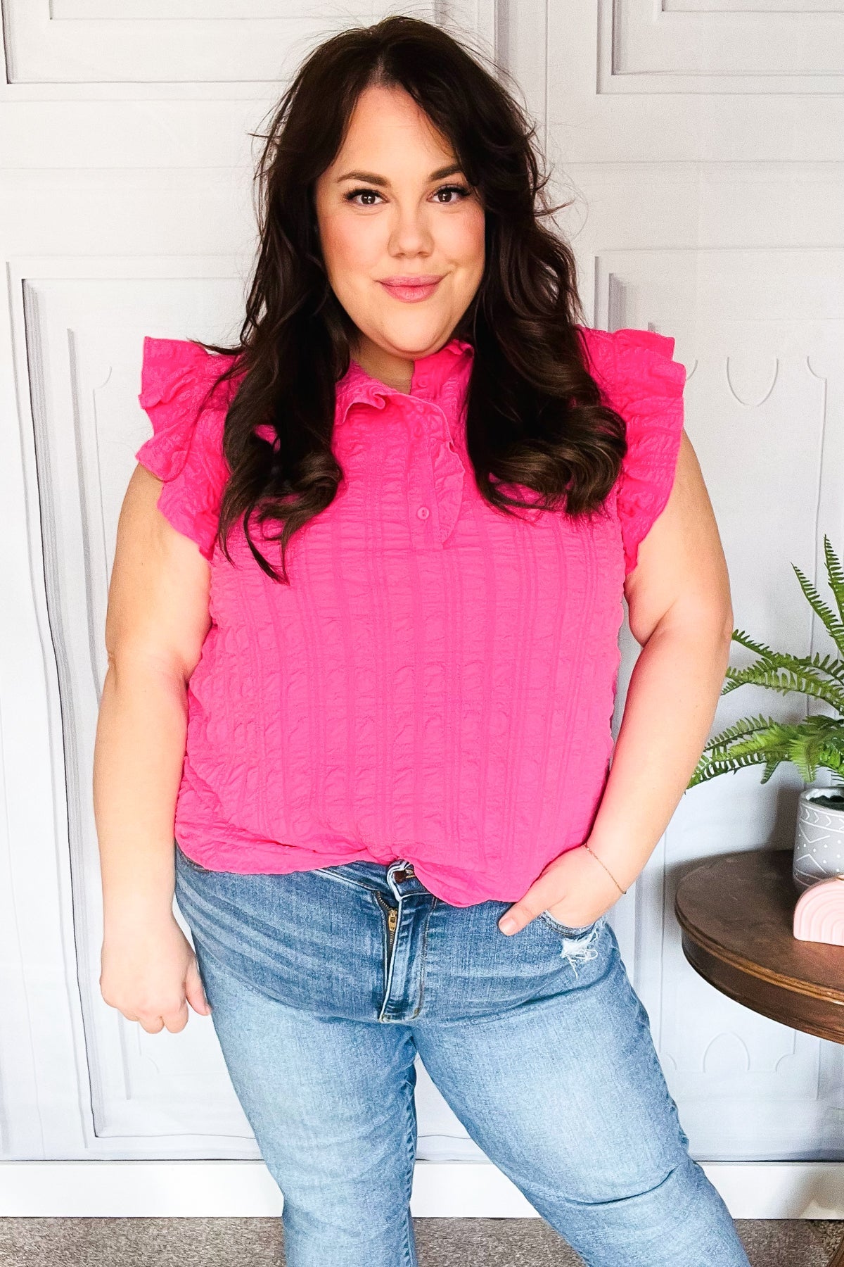 Glamorous In Hot Pink Textured Ruffle Top