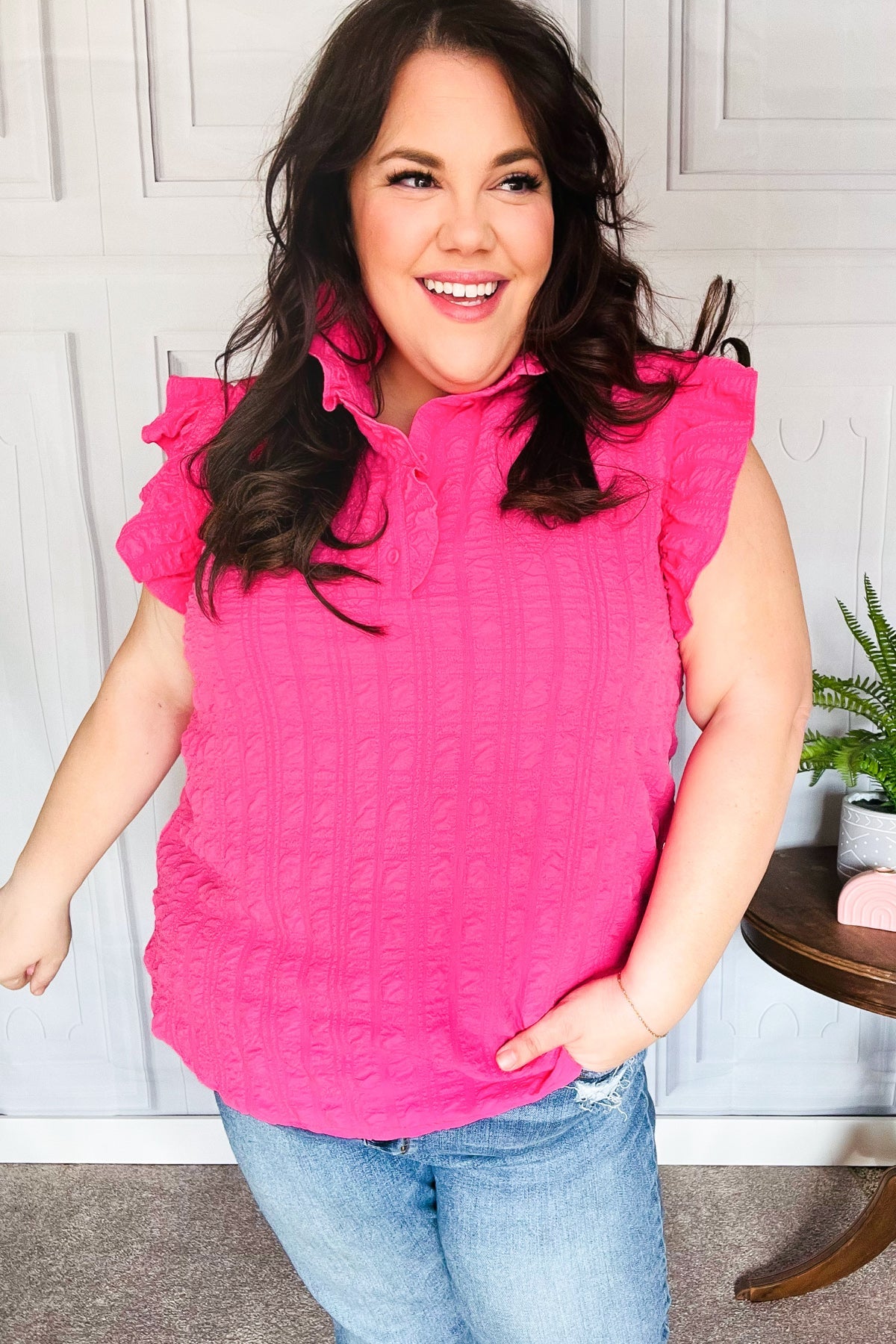 Glamorous In Hot Pink Textured Ruffle Top