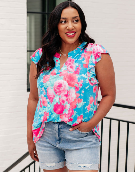 Lizzy Flutter Sleeve Top | Blue & Pink Roses