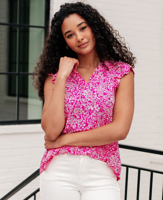 Lizzy Flutter Sleeve Top | Hot Pink & White Floral