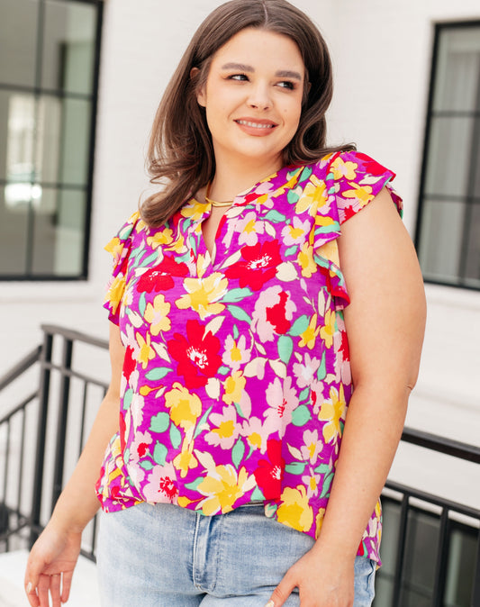 Lizzy Flutter Sleeve Top | Magenta & Yellow Floral