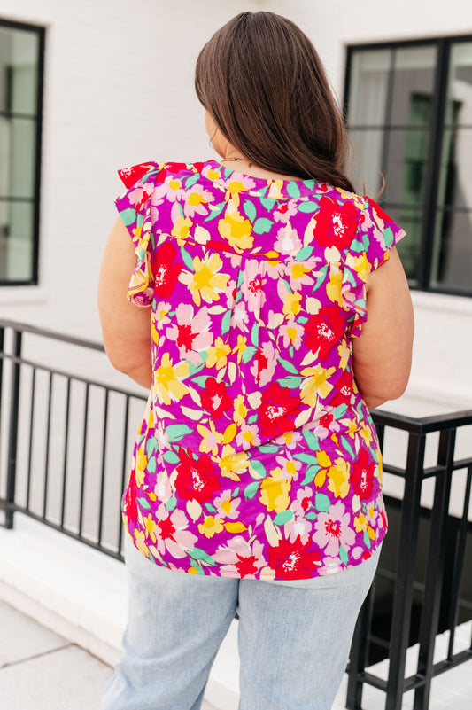 Lizzy Flutter Sleeve Top | Magenta & Yellow Floral