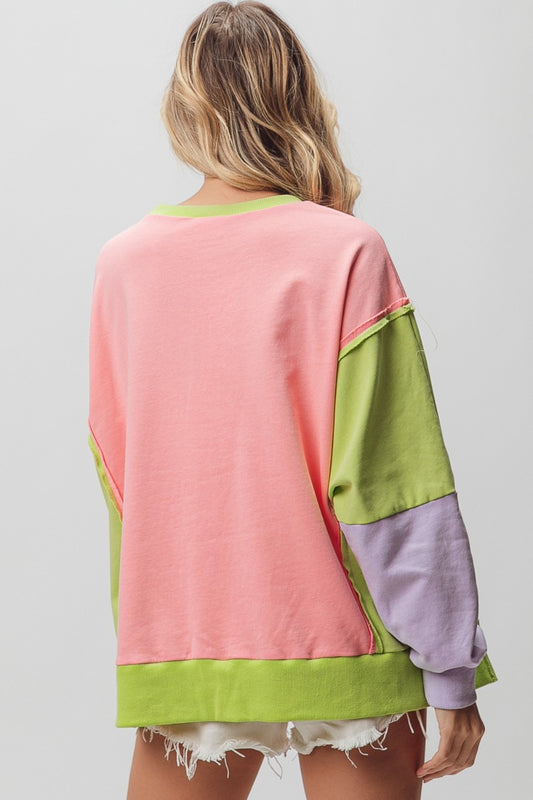 Spring Washed Color Block Sweatshirt