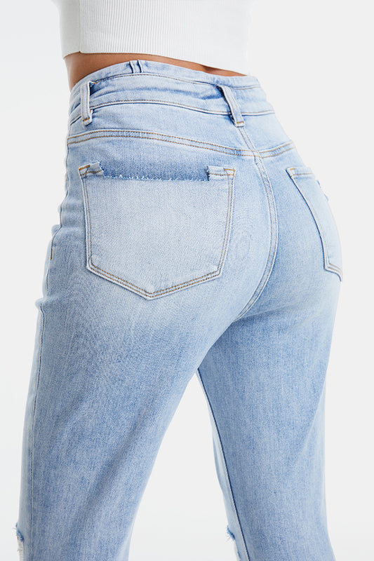 Thea Distressed Raw Hem High-Waist Flare Jeans | Bayeas