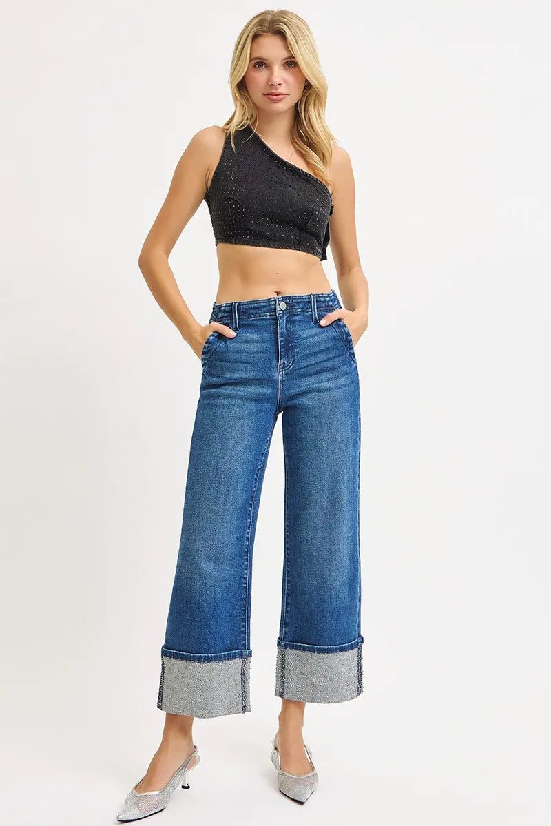 Estella High-Rise Rhinestone Cuffed Jeans | Risen