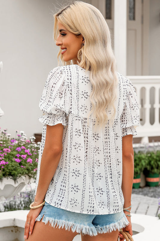 Embroidered Flounce Sleeve Top