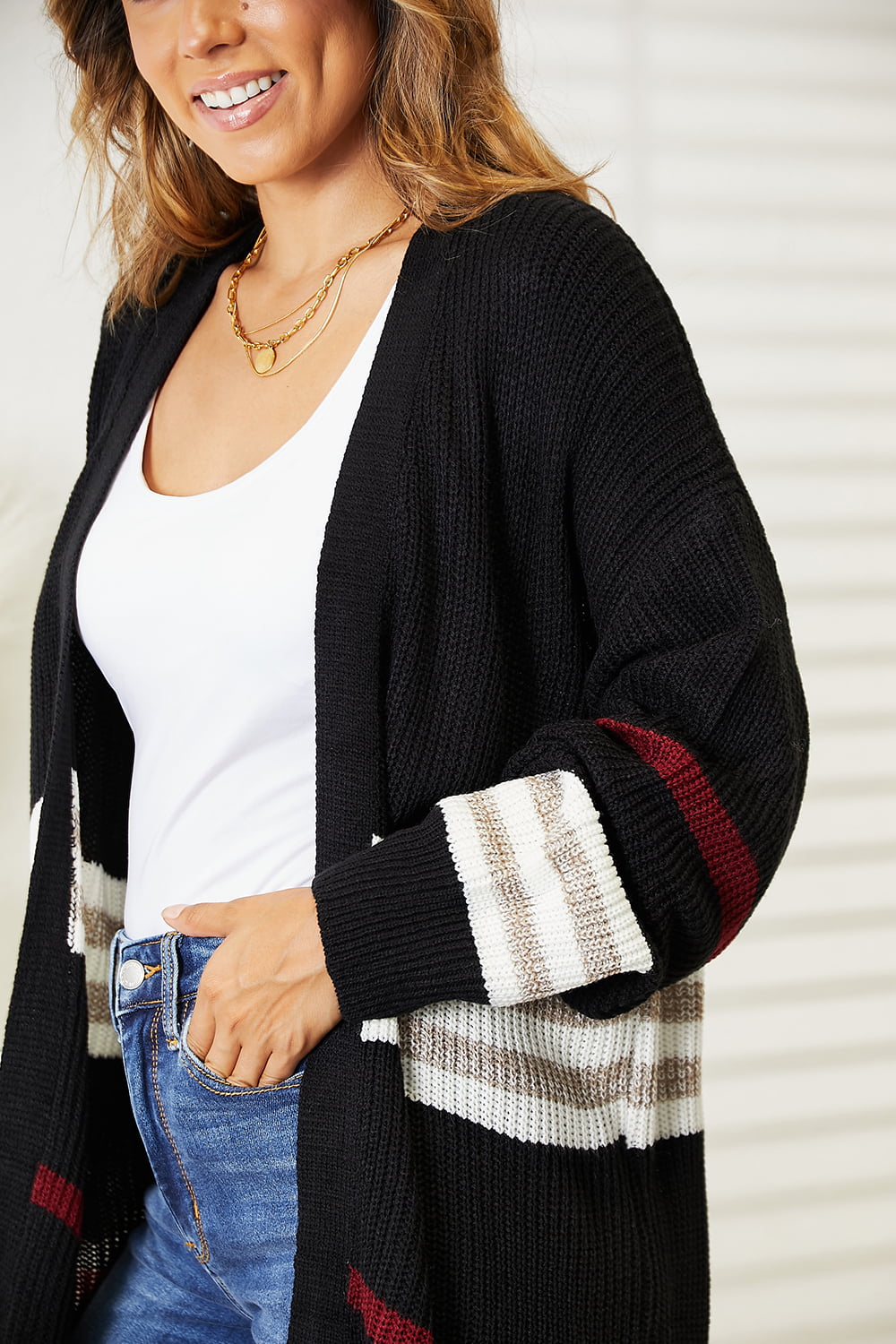 Salem Striped Rib-Knit Open Front Cardigan