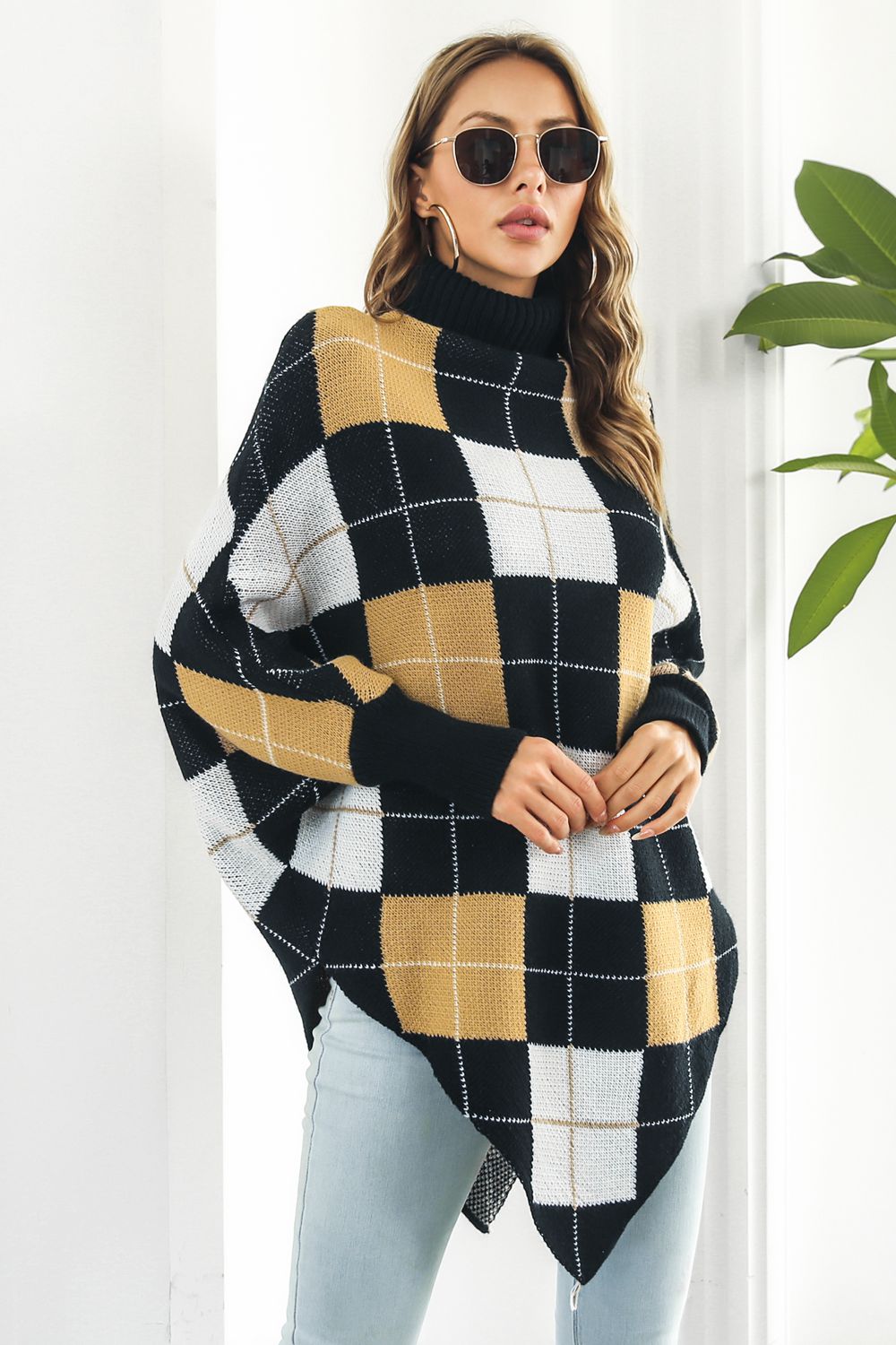 Keshia Plaid Turtleneck Dolman Poncho