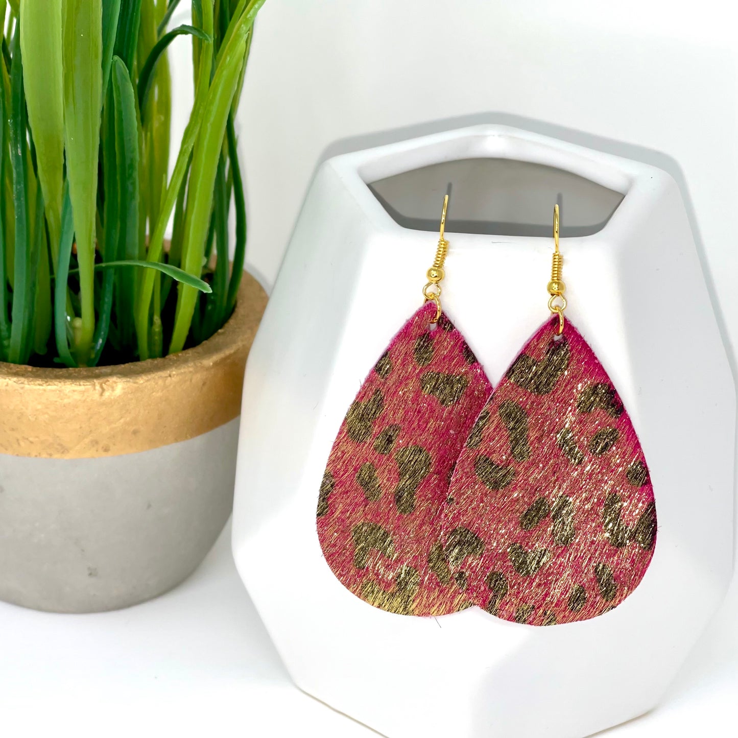 Genuine Leather Earrings | Rose Red Leopard - Bella Lia Boutique