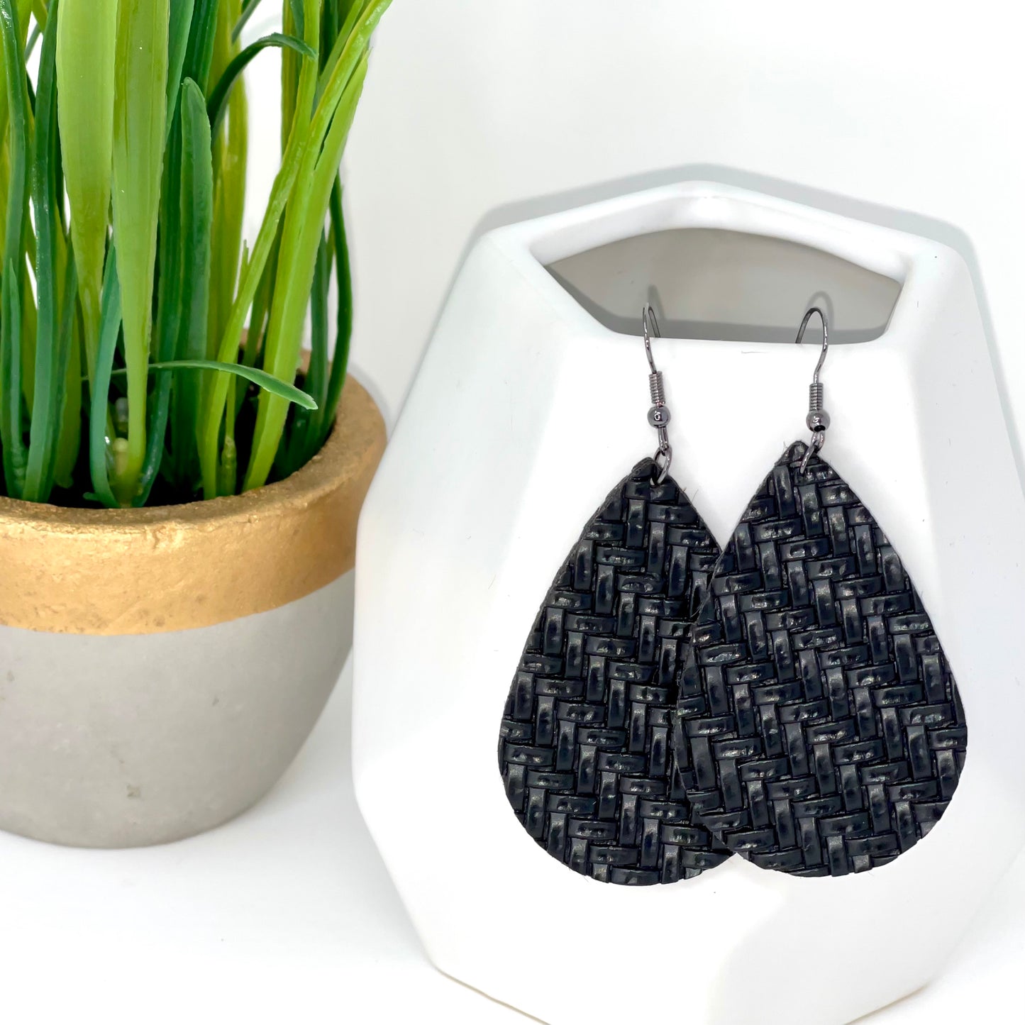 Faux Leather Earrings | Black Weave - Bella Lia Boutique