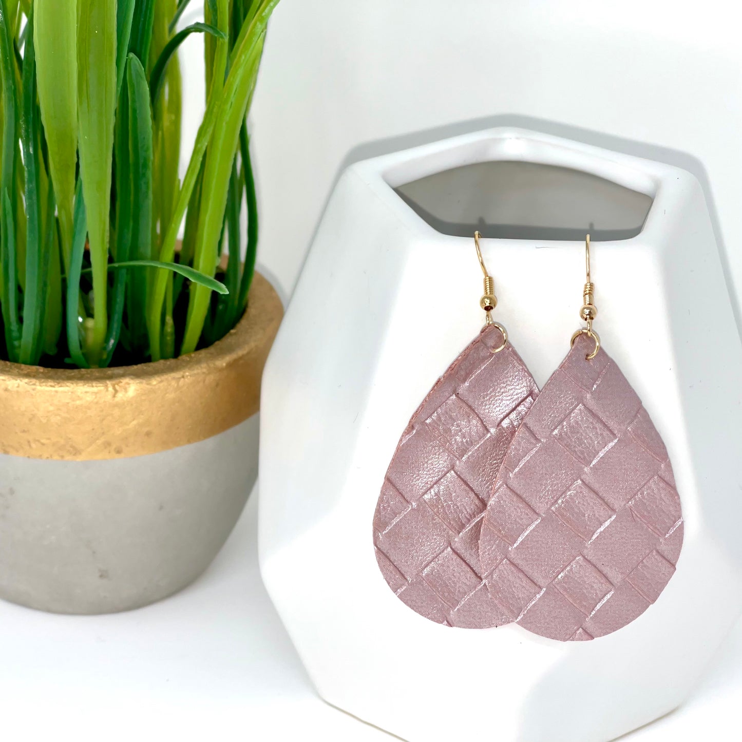Faux Leather Earrings | Rose Gold Weave - Bella Lia Boutique