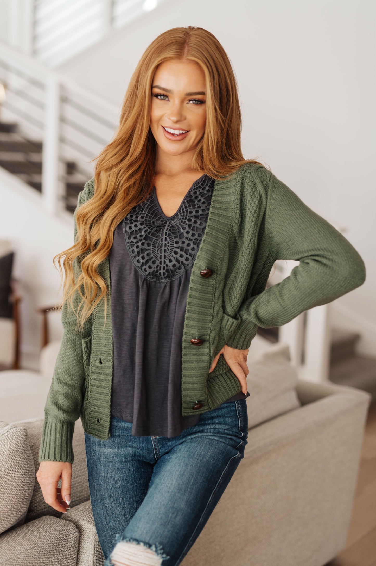 Climbing Vine Cable Knit Cardigan | Green