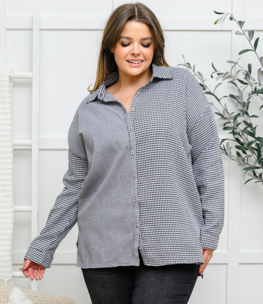 Mixed Houndstooth Button-Up Top