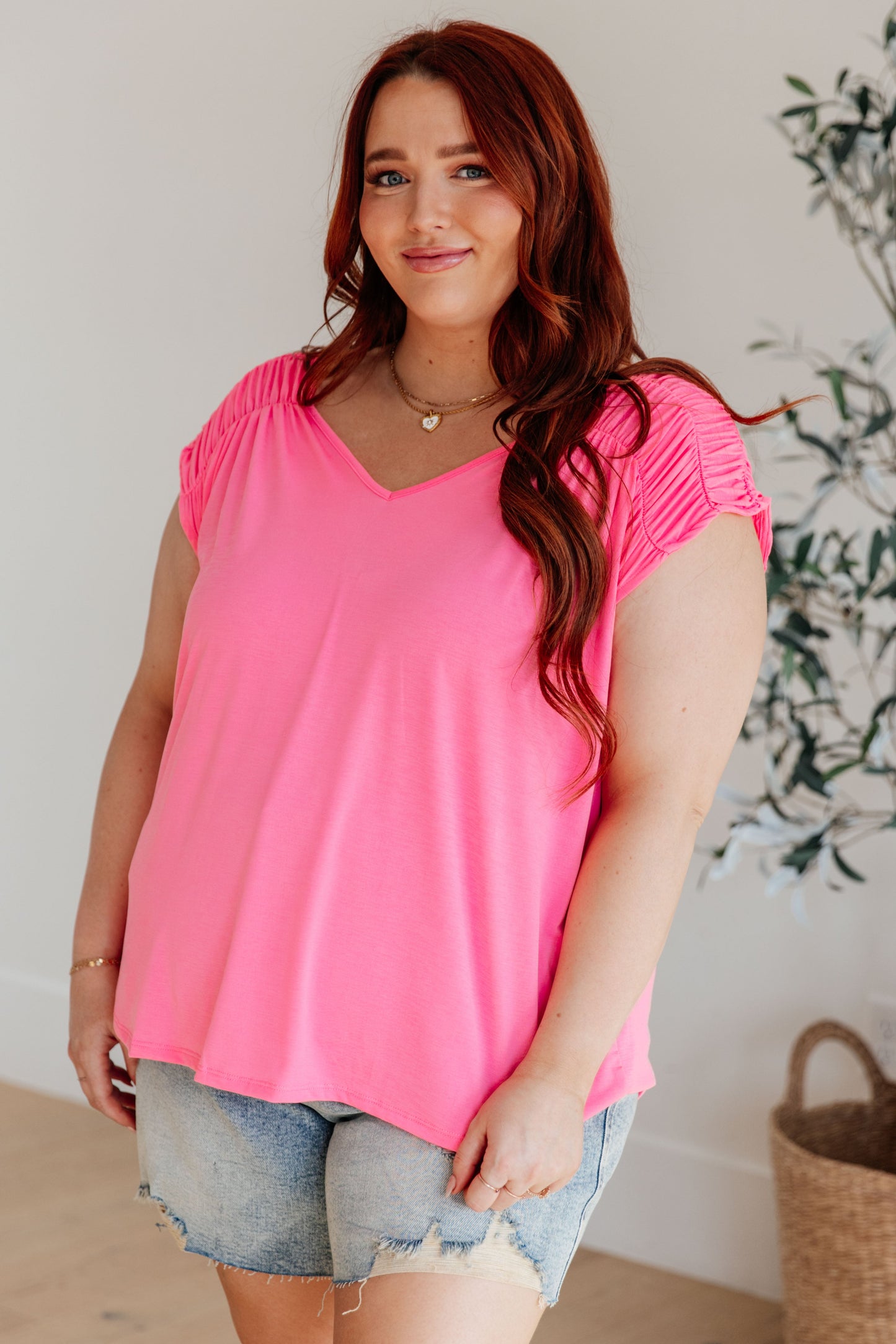 Ruched Cap Sleeve Top | Neon Pink
