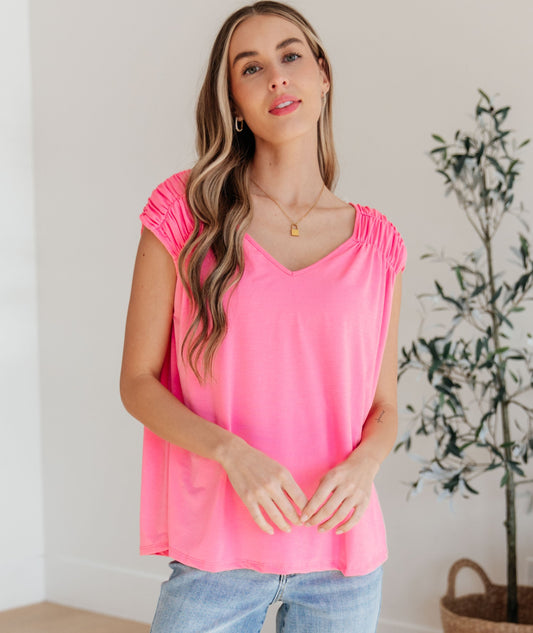 Ruched Cap Sleeve Top | Neon Pink