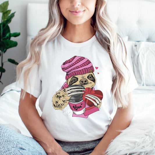 Valentine Sloth with Coffee Graphic Tee - Bella Lia Boutique