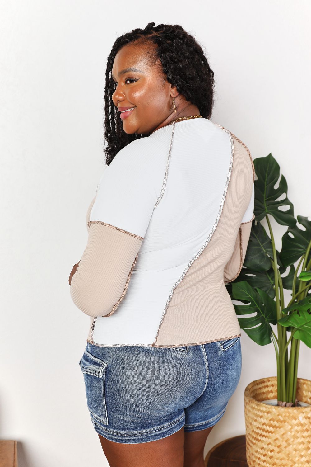 Khaki Color Block Exposed Seam Top