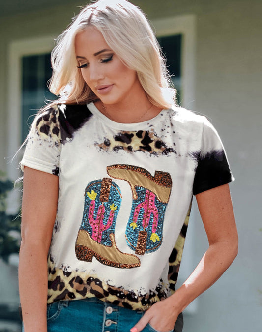 Sequin Boots Leopard Graphic Tee