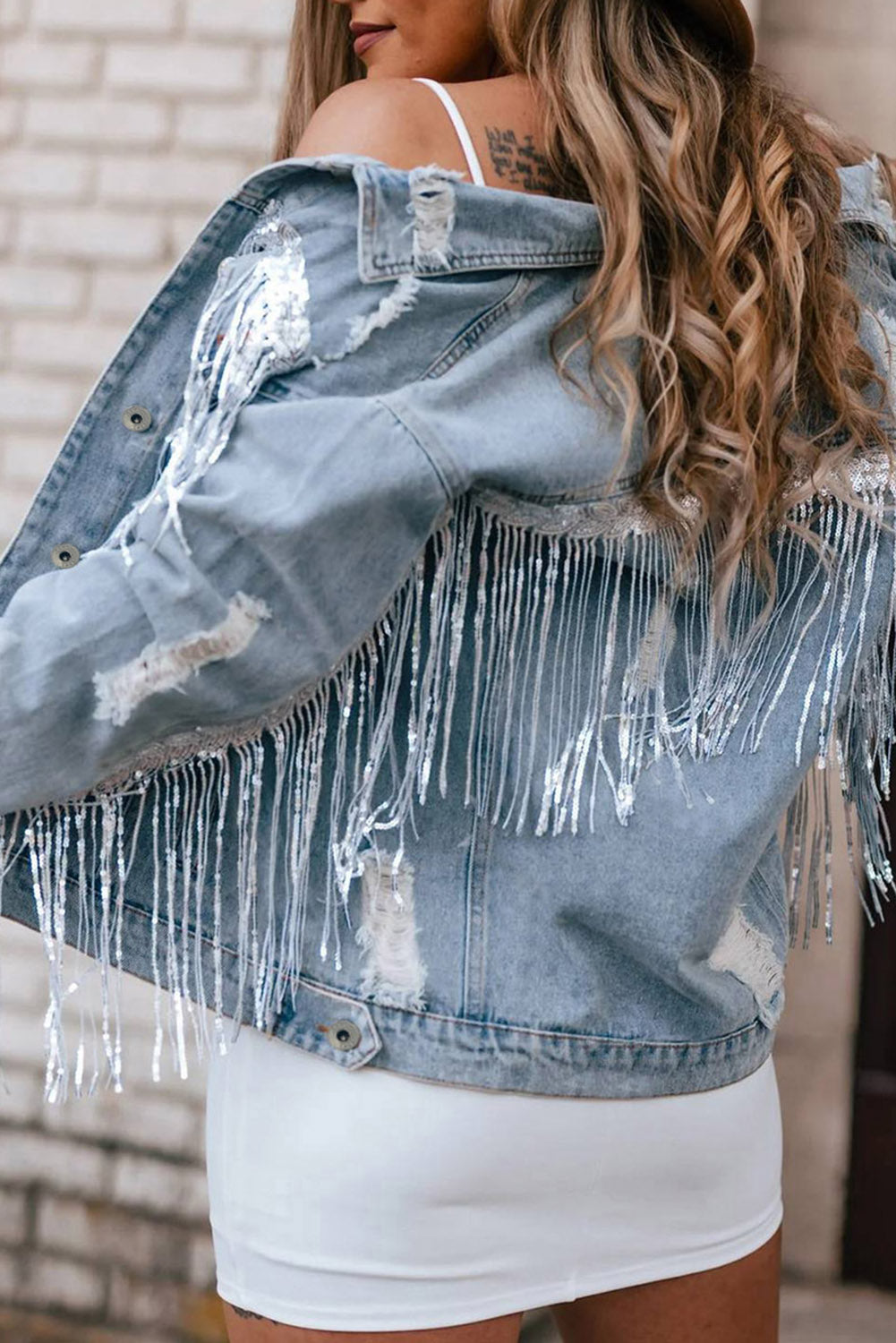 Paige Sequin Fringe Distressed Denim Jacket