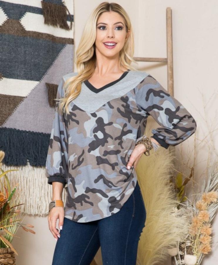 Camouflage Balloon Sleeve Top