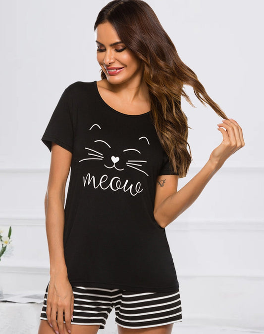 Meow Graphic Top & Striped Shorts Lounge Set
