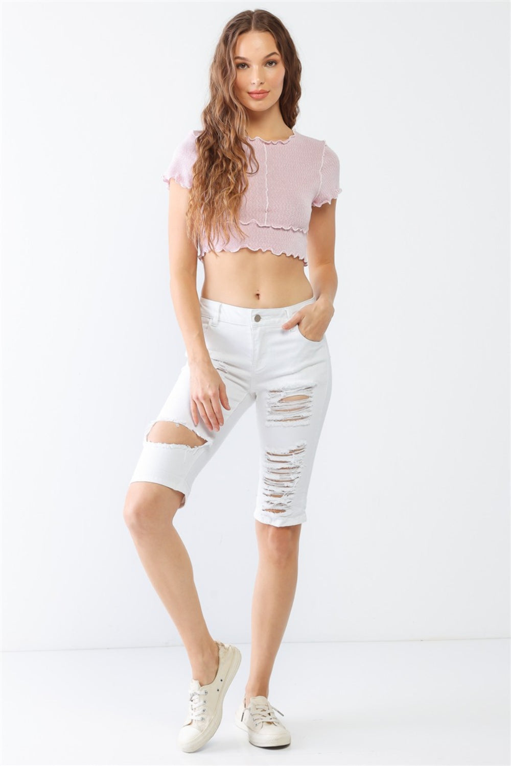 Persephone Distressed Bermuda Denim Shorts