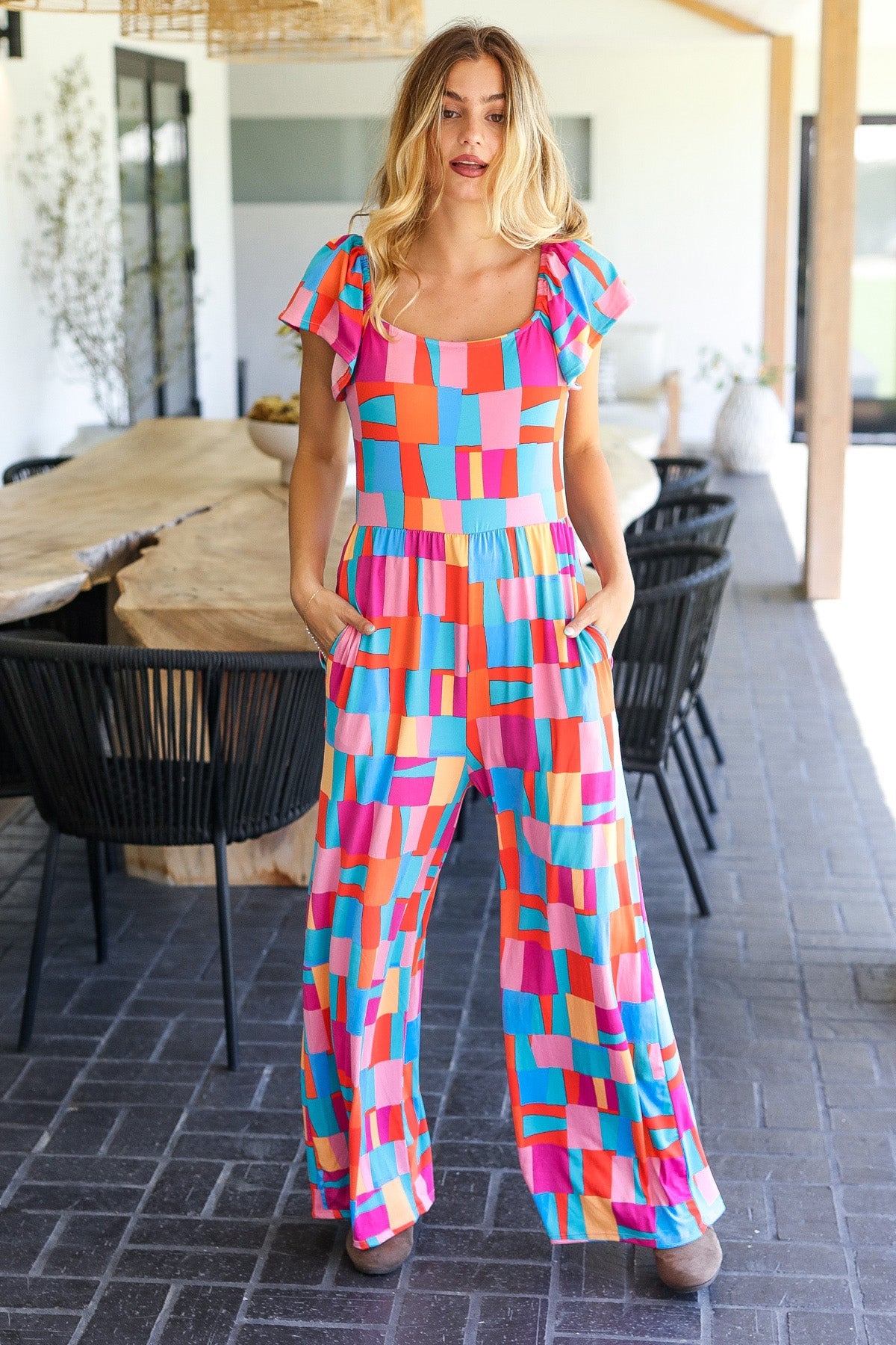 Scarlet & Aqua Geometric Wide Leg Jumpsuit