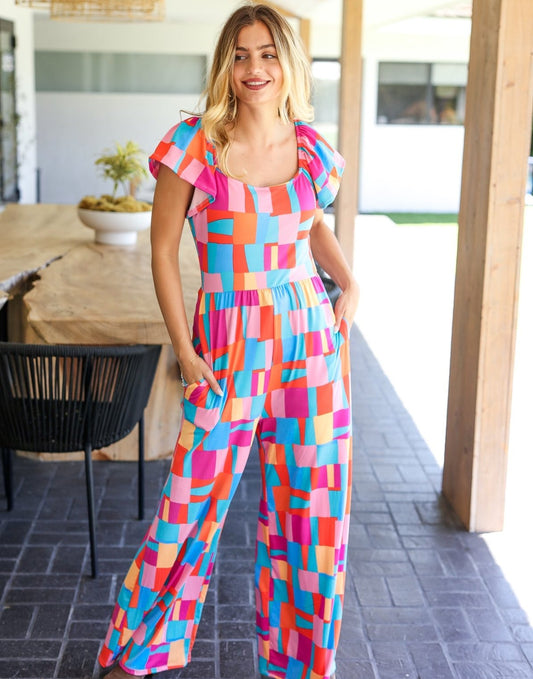 Scarlet & Aqua Geometric Wide Leg Jumpsuit