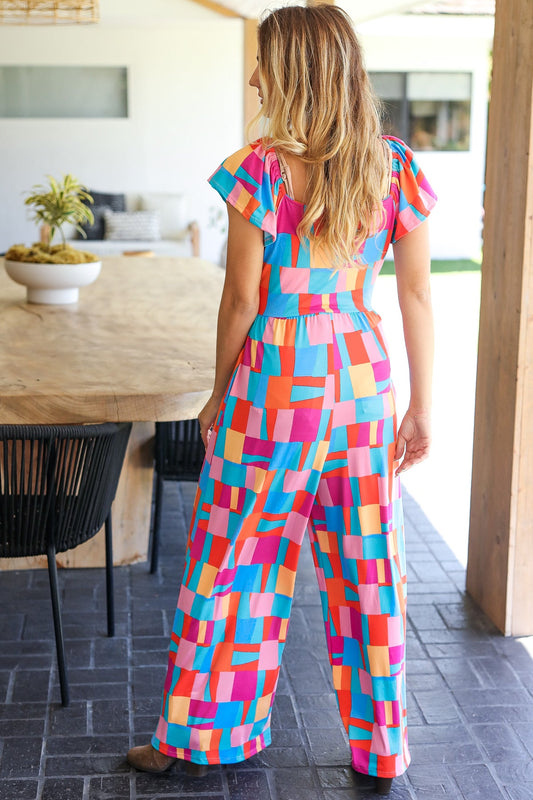 Scarlet & Aqua Geometric Wide Leg Jumpsuit