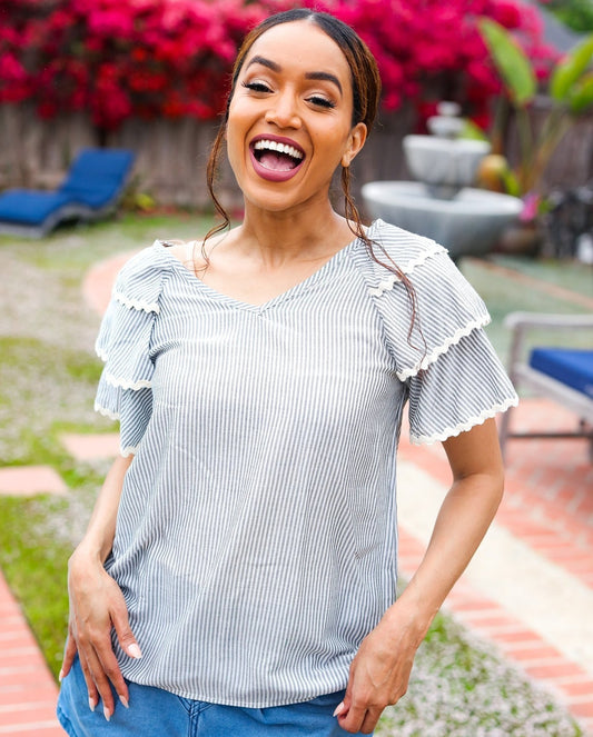 Lovely In Gray Striped Ruffle Top