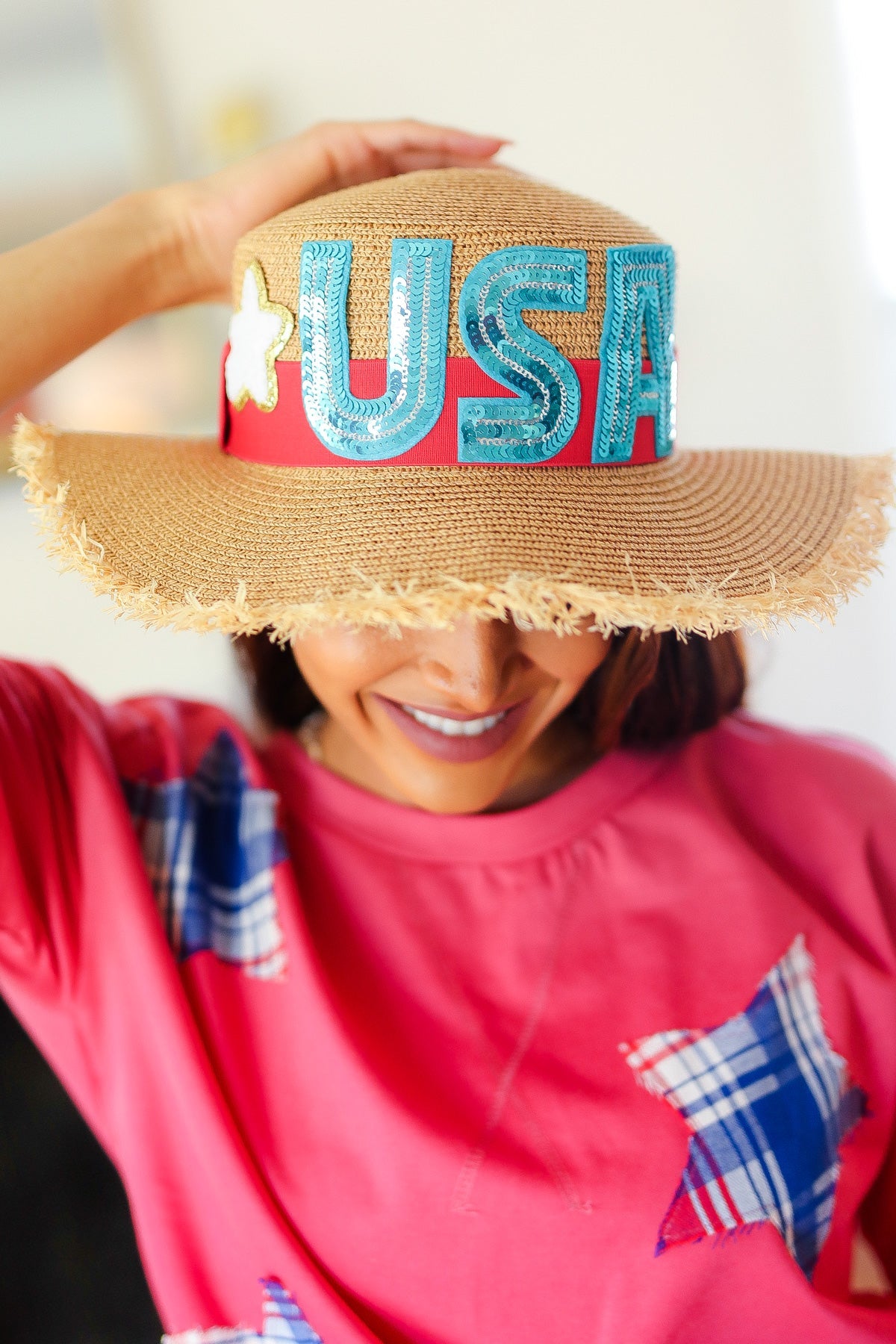 USA Sequin Frayed Straw Hat