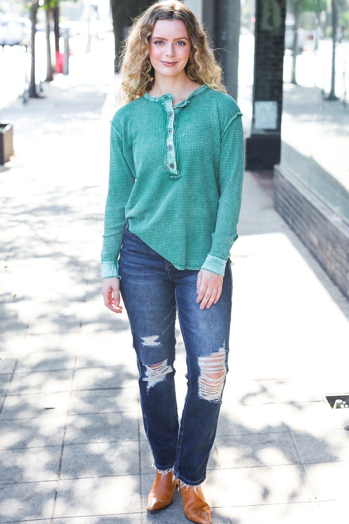 Get Cozy Washed Waffle Henley Top