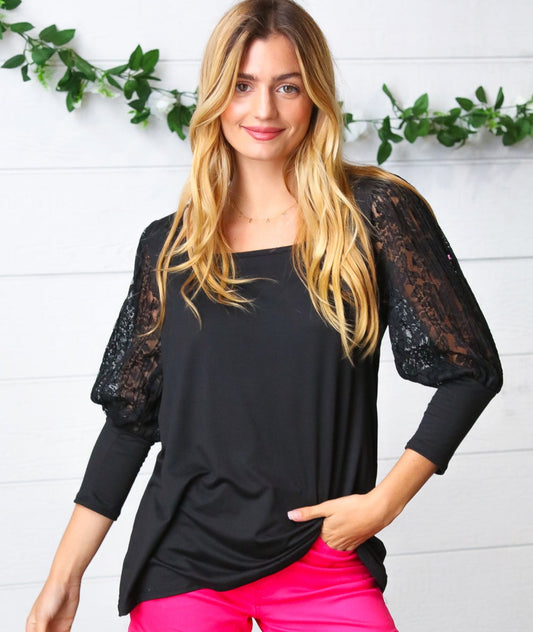 Black Lace Bubble Sleeve Top