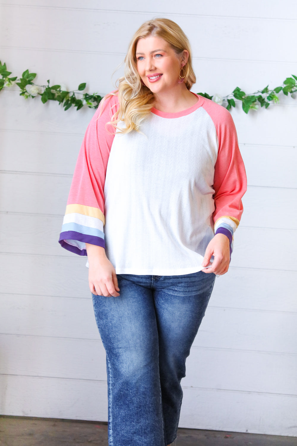 Pointelle Color Block Wide Sleeve Pullover