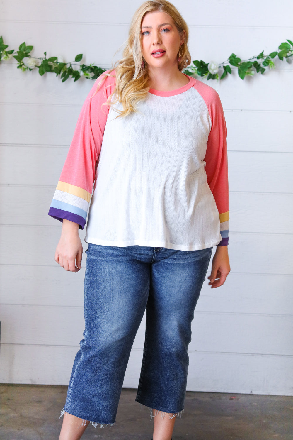 Pointelle Color Block Wide Sleeve Pullover