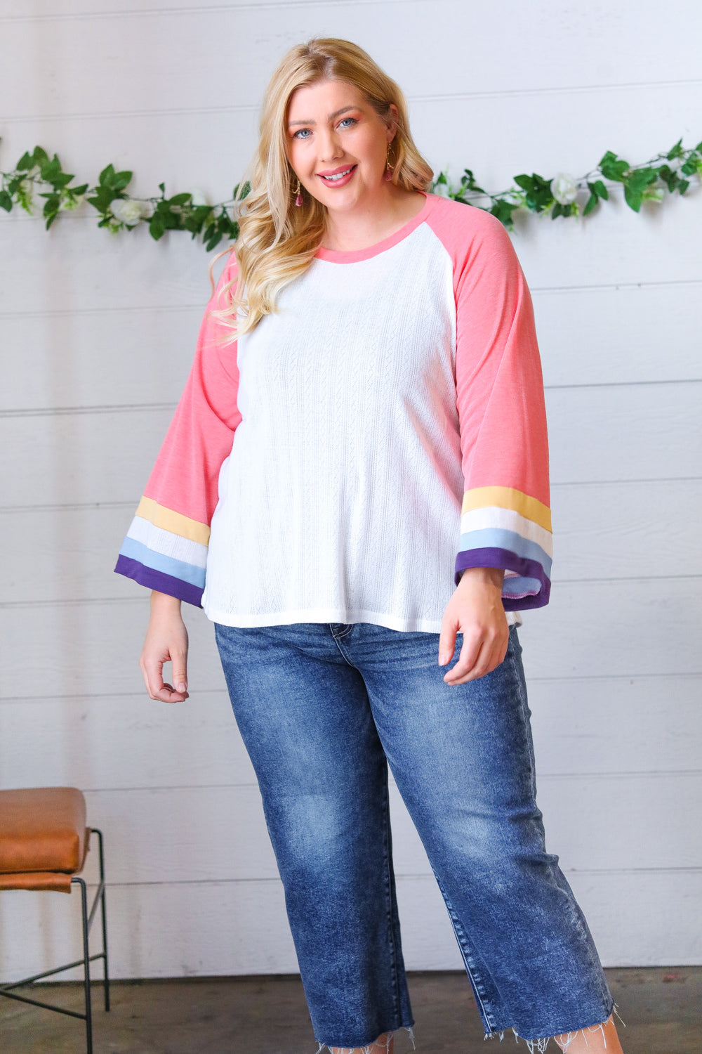 Pointelle Color Block Wide Sleeve Pullover