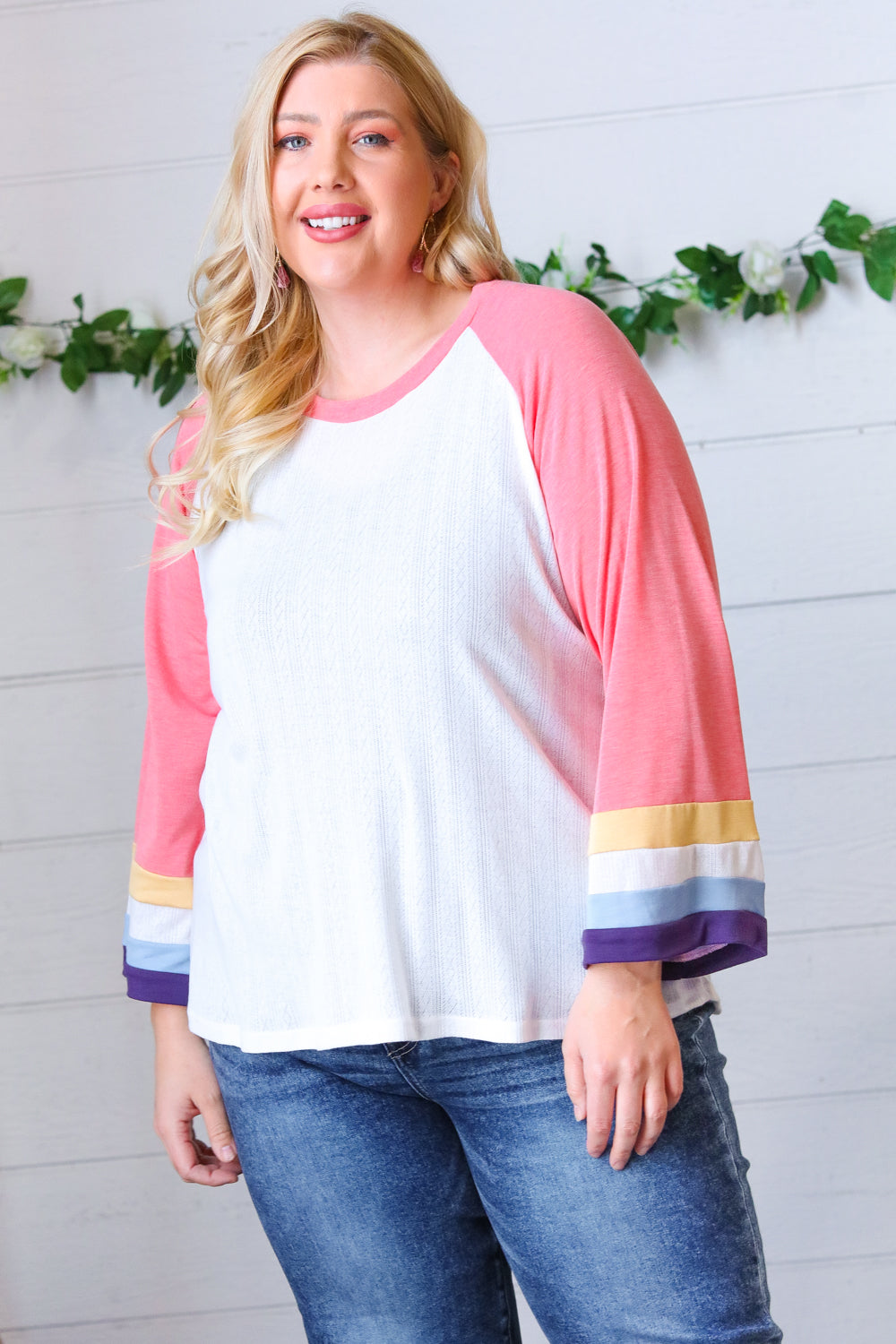 Pointelle Color Block Wide Sleeve Pullover