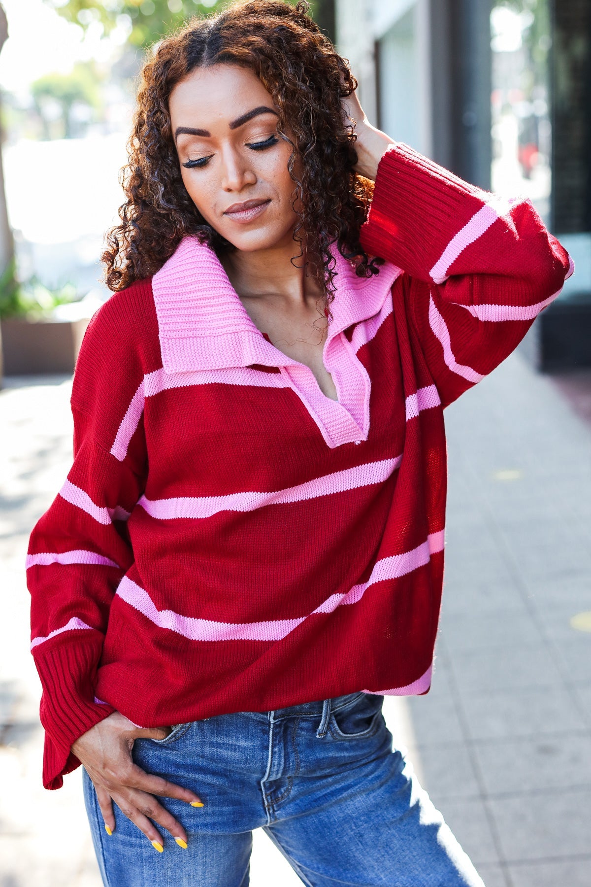 Fall For You Crimson Striped Oversized Sweater