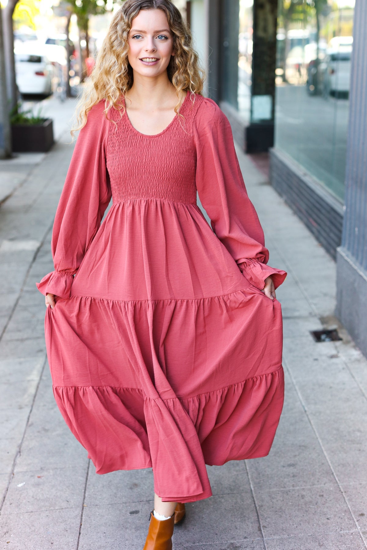 Beautiful You Marsala Smocked Maxi Dress