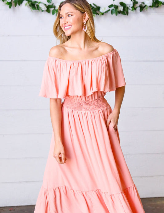 Coral Off-Shoulder Smocked Ruffle Midi Dress