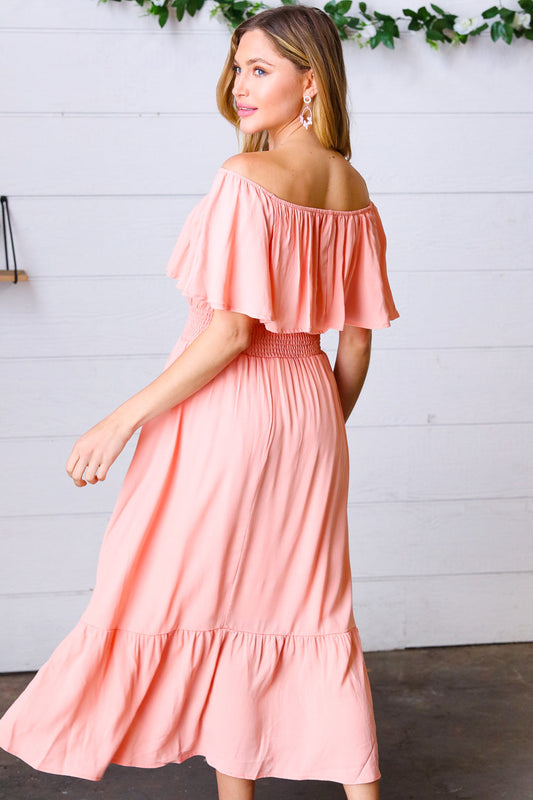 Coral Off-Shoulder Smocked Ruffle Midi Dress