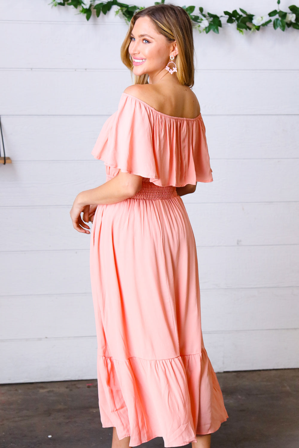 coral off the shoulder maxi dress Coral Off-Shoulder Smocked Ruffle Midi Dress – Bella Lia Boutique